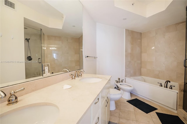 full bathroom with shower with separate bathtub, toilet, double sink vanity, a bidet, and tile floors