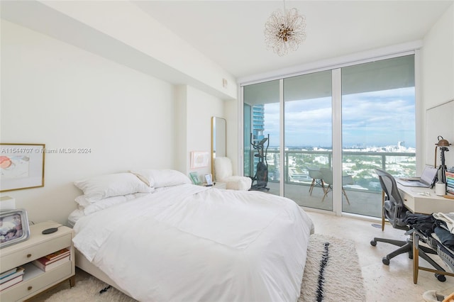 carpeted bedroom with floor to ceiling windows, multiple windows, and access to exterior