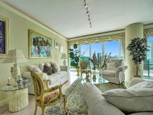 living room featuring ornamental molding, light tile floors, and rail lighting