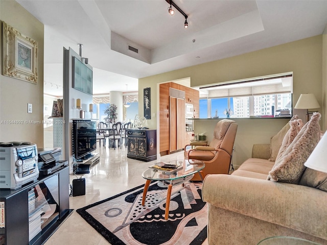 living room with a raised ceiling and track lighting