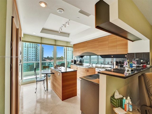 kitchen with kitchen peninsula, backsplash, a breakfast bar area, track lighting, and a tray ceiling