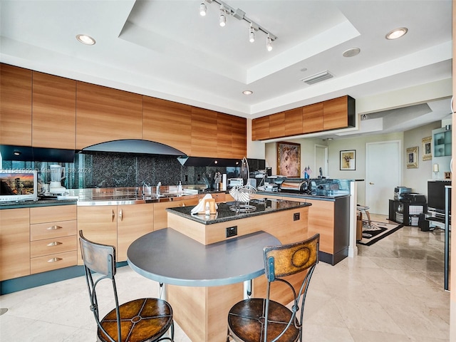 kitchen with a kitchen island, a kitchen breakfast bar, track lighting, a tray ceiling, and tasteful backsplash