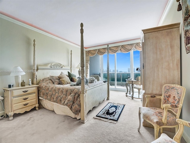 carpeted bedroom with crown molding and access to exterior