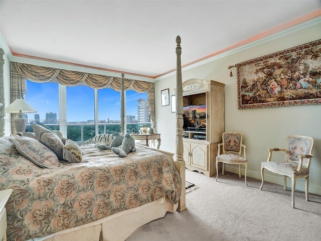 carpeted bedroom with crown molding