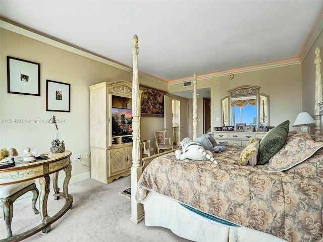 bedroom with light colored carpet and ornamental molding