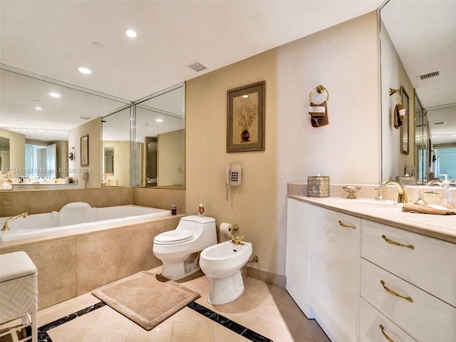 bathroom with toilet, a bidet, tiled tub, tile flooring, and oversized vanity