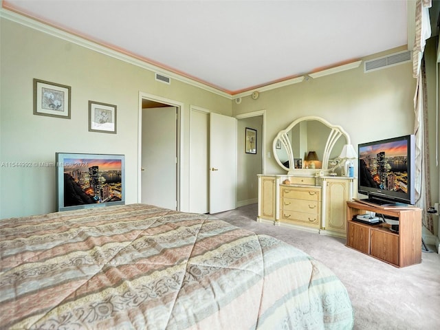 bedroom with light colored carpet and ornamental molding