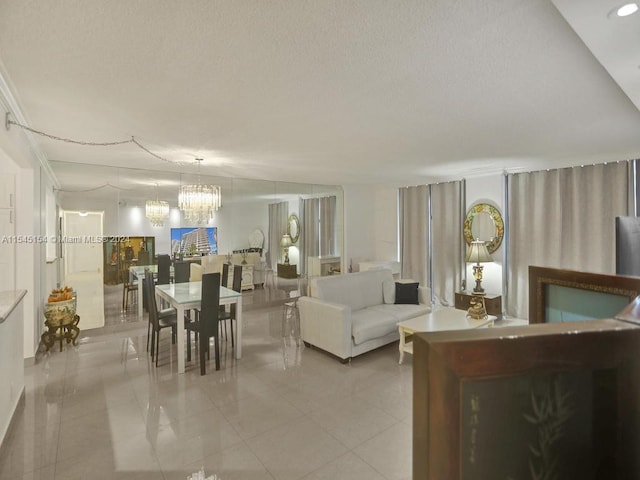 tiled living room featuring a chandelier