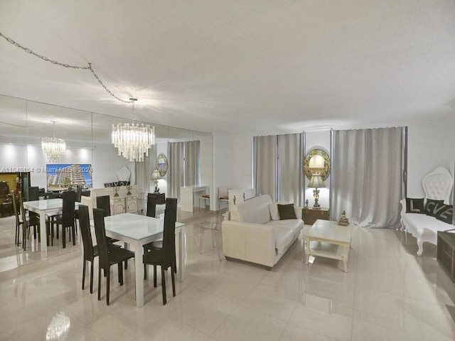 dining area with light tile floors and a chandelier