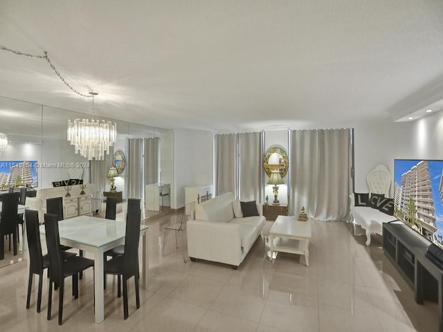 dining space featuring an inviting chandelier and light tile flooring