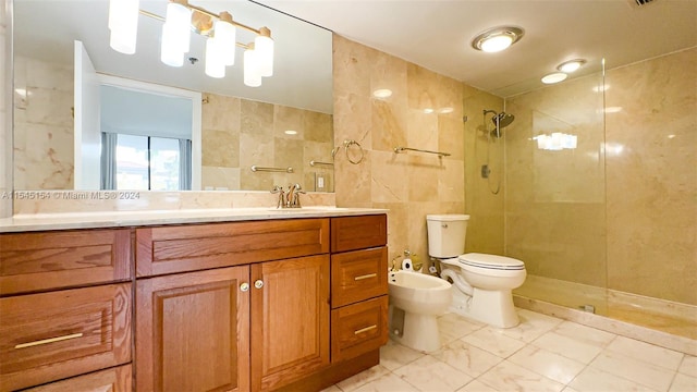 bathroom with tile walls, toilet, a bidet, tile flooring, and vanity