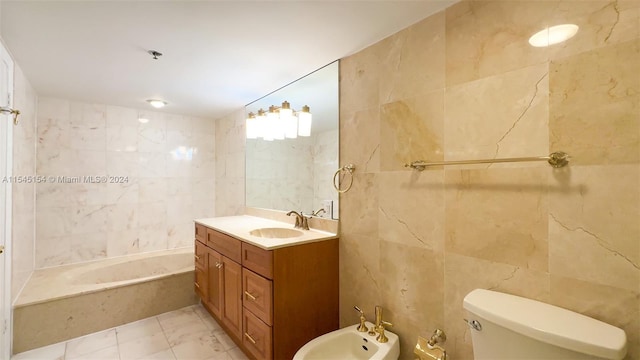 full bathroom with tile walls, toilet, a bidet, tile floors, and oversized vanity