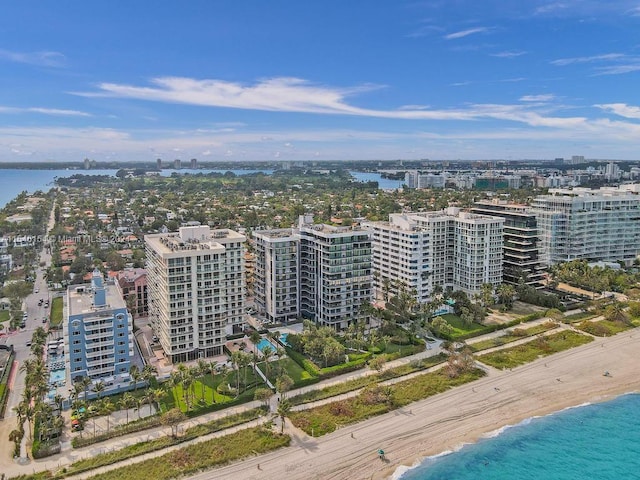 aerial view featuring a beach view and a water view