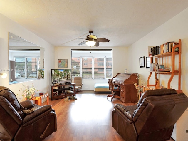 living room featuring ceiling fan and hardwood / wood-style flooring