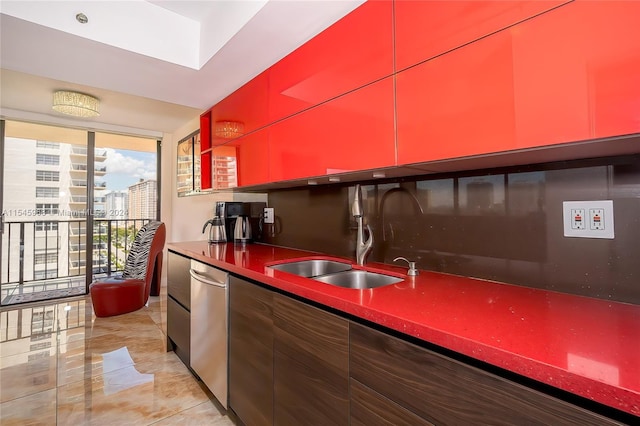 kitchen with sink, light tile floors, and stainless steel dishwasher