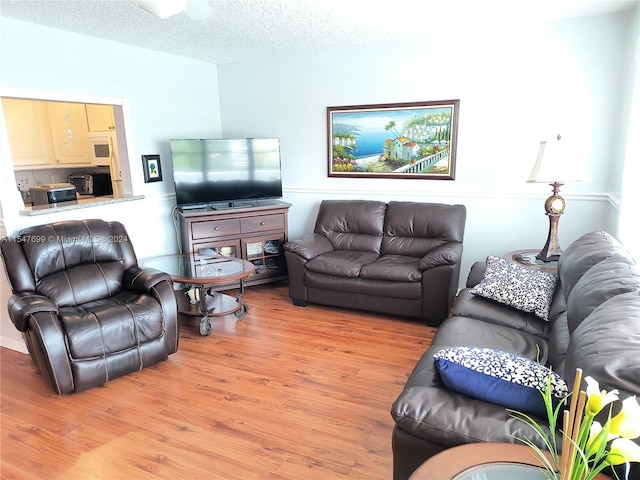 living room featuring a textured ceiling and light wood-type flooring