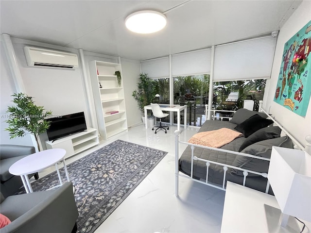 living room with expansive windows and a wall unit AC