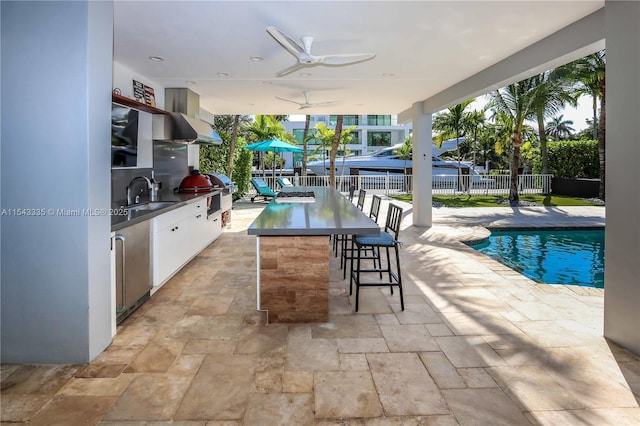 view of patio / terrace featuring ceiling fan, a fenced in pool, an outdoor wet bar, and an outdoor kitchen