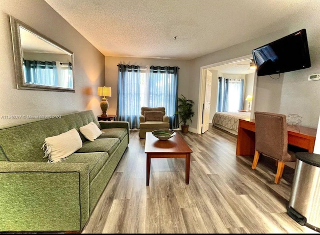 living room with light hardwood / wood-style flooring and a textured ceiling