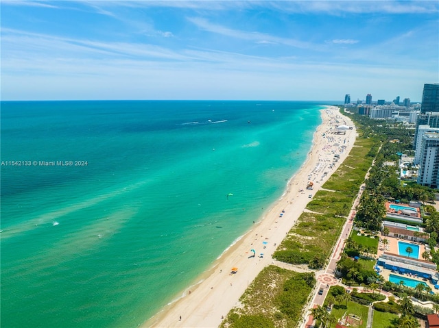 drone / aerial view with a view of the beach and a water view