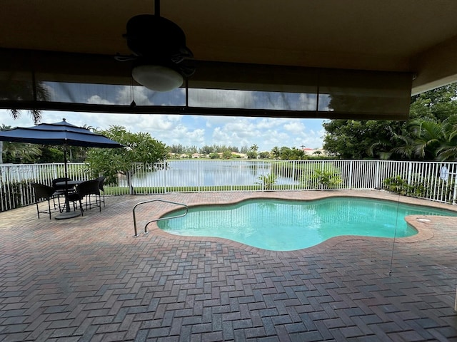 view of pool featuring a patio and ceiling fan