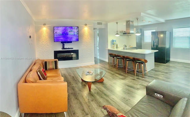 living room with hardwood / wood-style flooring and ornamental molding