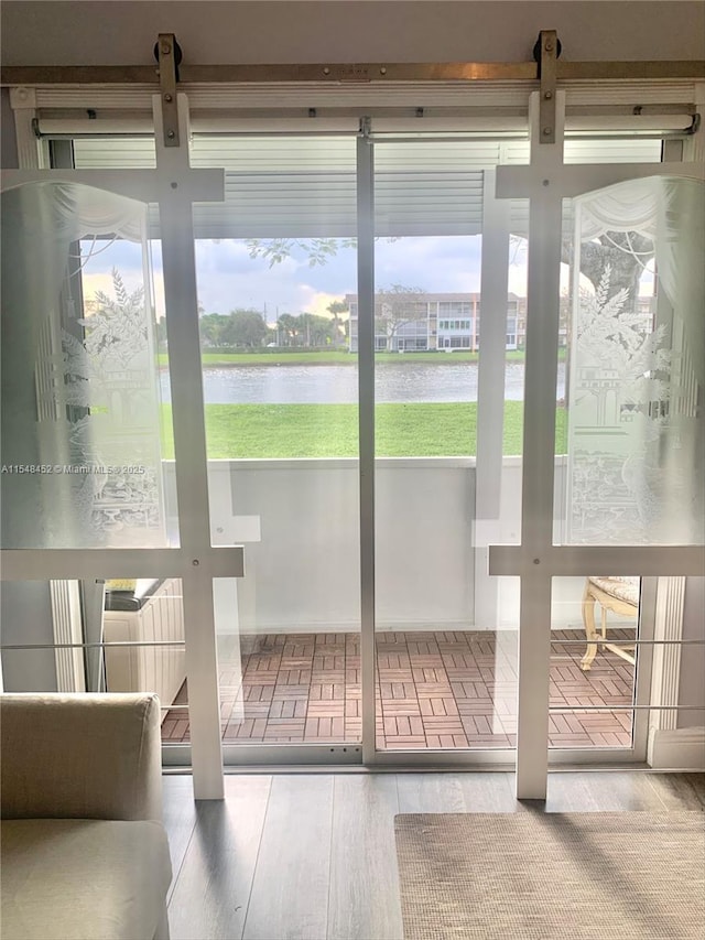 doorway to outside featuring light hardwood / wood-style floors and a water view