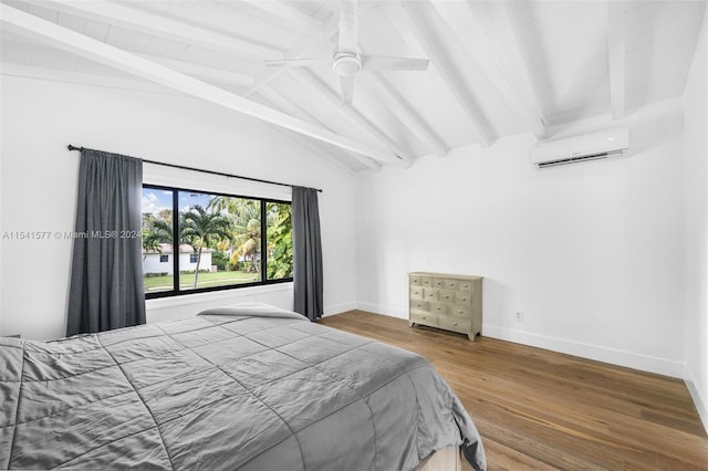 bedroom with vaulted ceiling with beams, ceiling fan, wood-type flooring, and a wall unit AC