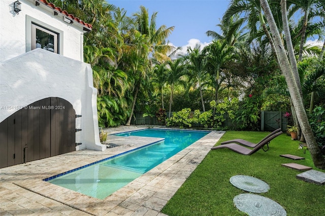 view of swimming pool with a lawn and a patio area