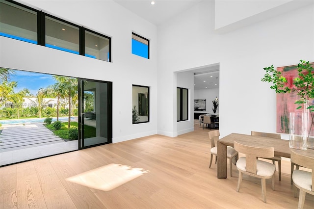 interior space with a wealth of natural light, a high ceiling, and light wood-type flooring