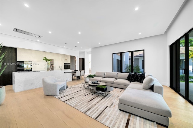 living room with sink and light wood-type flooring