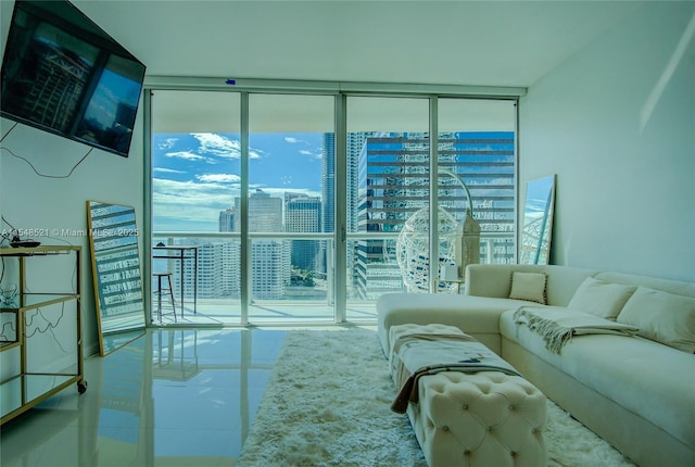 living area with expansive windows and a city view