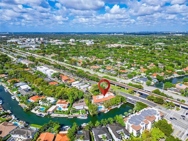 drone / aerial view with a water view