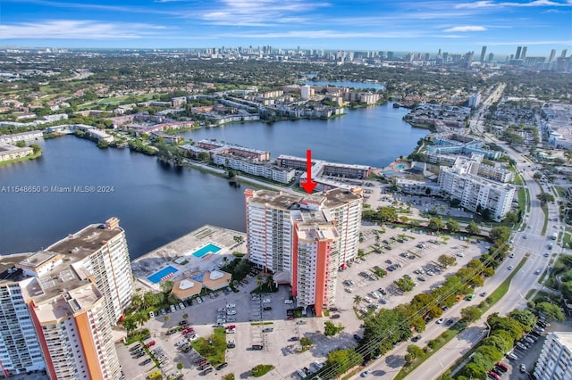 drone / aerial view with a water view