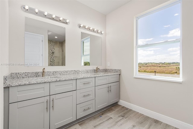 bathroom with wood-type flooring and double sink vanity