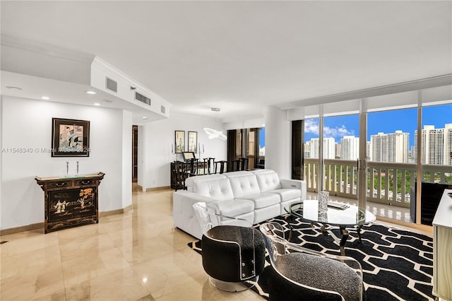 tiled living room with a wall of windows