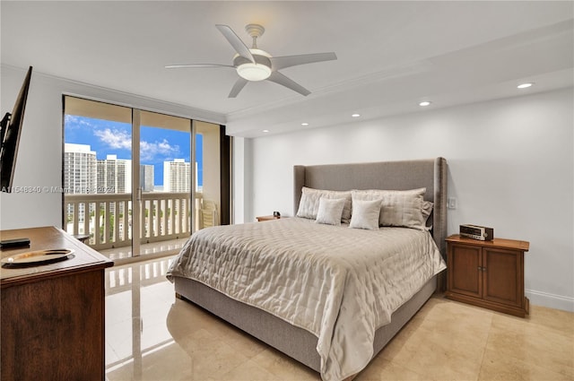 bedroom featuring expansive windows, access to exterior, light tile patterned floors, and ceiling fan