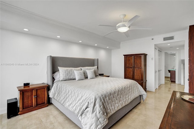 tiled bedroom featuring ornamental molding and ceiling fan