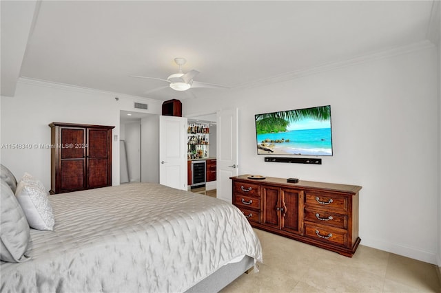 bedroom with ornamental molding, light tile patterned flooring, ceiling fan, and beverage cooler