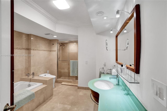 bathroom with tile patterned flooring, a bidet, vanity, independent shower and bath, and ornamental molding