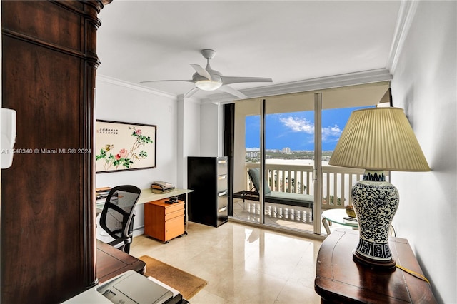 tiled office space featuring expansive windows, ceiling fan, and ornamental molding