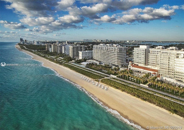 drone / aerial view featuring a view of the beach and a water view