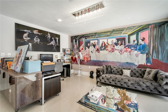 living room with a textured ceiling and tile flooring