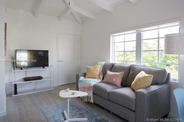 living room featuring lofted ceiling with beams, plenty of natural light, and wood-type flooring