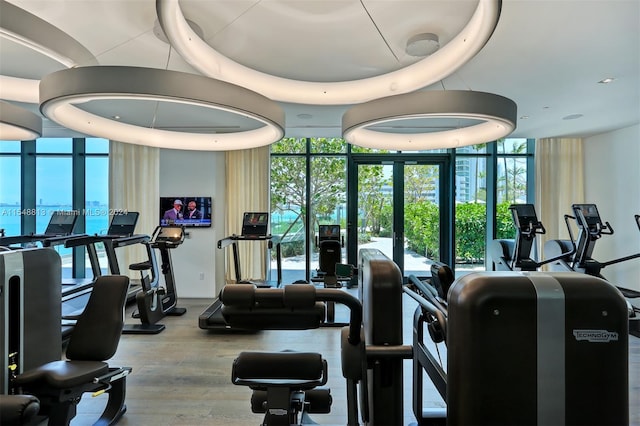 workout area with a raised ceiling, a water view, a wall of windows, and wood-type flooring