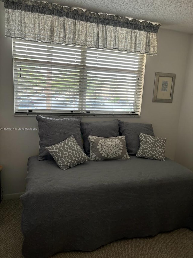 bedroom with carpet flooring and a textured ceiling