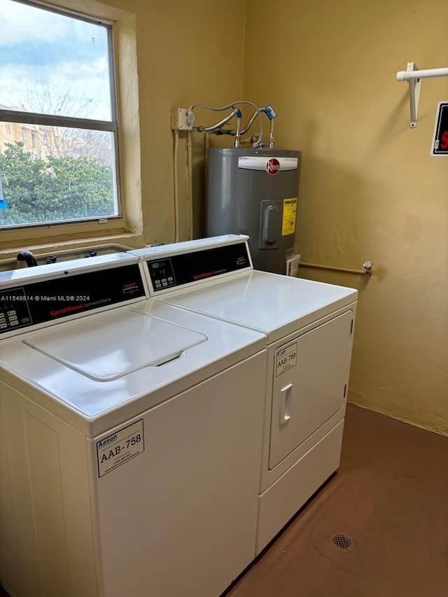 laundry room with water heater and washing machine and clothes dryer