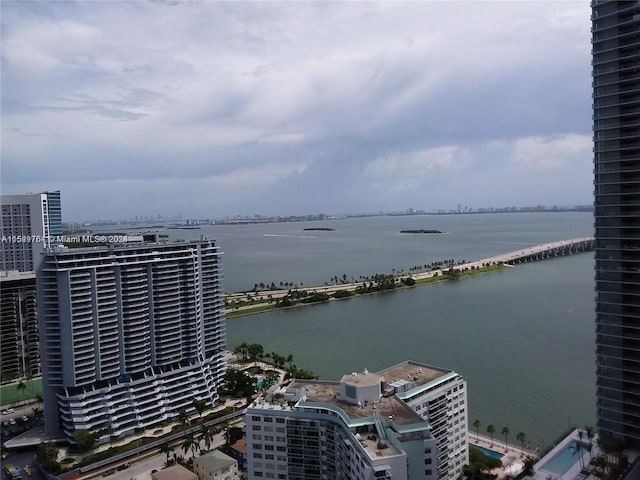 exterior space with a water view