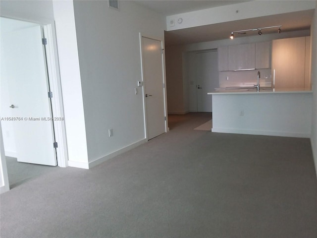 carpeted empty room featuring sink and track lighting