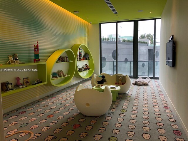 recreation room featuring carpet flooring and expansive windows